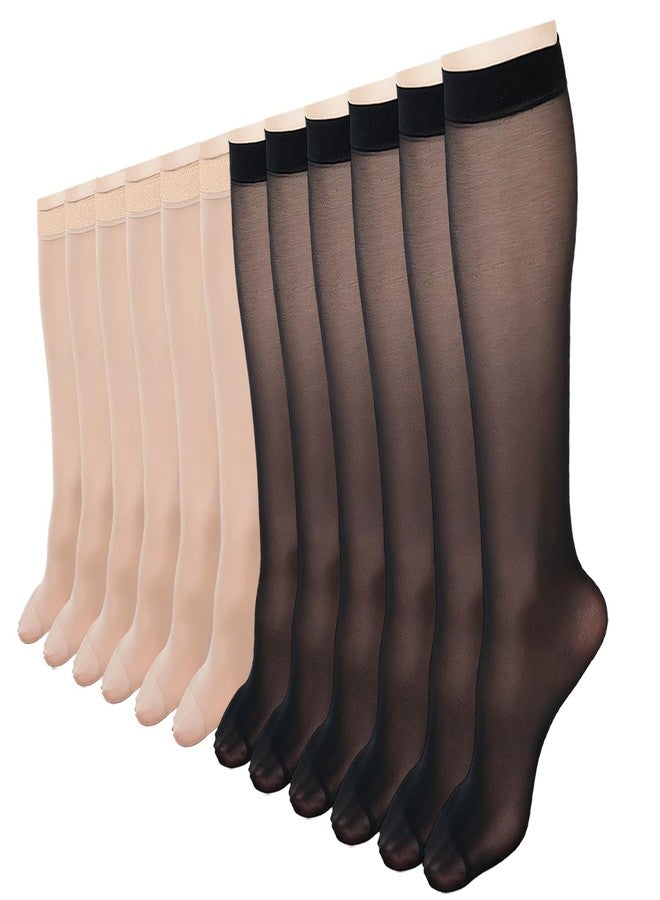 Dfqsofd 12 Pairs Knee High Stockings for Women, 10D Nylon Sheer Knee High Socks Elastic Fine Sheer Socks with Reinforced Toes(Black+Beige) - Image 1